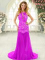 Pink Evening Dress Prom and Party with Lace Scoop Sleeveless Brush Train Backless