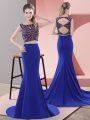 Scoop Sleeveless Sweep Train Lace Up Prom Dress Royal Blue Satin