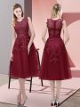 Extravagant A-line Prom Party Dress Burgundy V-neck Tulle Sleeveless Tea Length Lace Up