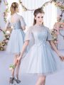 Superior High-neck Short Sleeves Lace Up Dama Dress Grey Tulle