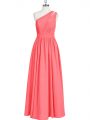 Glittering Red A-line One Shoulder Sleeveless Chiffon Floor Length Zipper Ruching Prom Party Dress