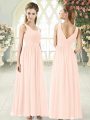 Modest Chiffon V-neck Sleeveless Zipper Ruching Prom Gown in Pink