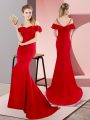 Fantastic Straps Sleeveless Sweep Train Lace Up Evening Dress Red Satin