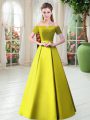 Exquisite Yellow Green Off The Shoulder Lace Up Belt Prom Dresses Short Sleeves