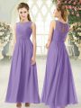 Lavender Empire Scoop Sleeveless Chiffon Ankle Length Zipper Ruching Prom Dress