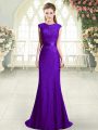 Super Dark Purple Mermaid Beading Prom Dress Backless Lace Sleeveless