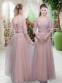 Excellent Floor Length Pink Prom Party Dress Scoop Half Sleeves Lace Up
