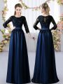 Chic 3 4 Length Sleeve Satin Floor Length Zipper Quinceanera Court Dresses in Navy Blue with Lace