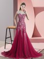 Clearance Scoop Sleeveless Prom Gown Sweep Train Beading and Appliques Red Tulle
