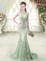 Exceptional Beading Dress for Prom Apple Green Zipper Sleeveless Brush Train