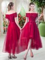 Unique Red Tulle Lace Up Prom Dress Short Sleeves High Low Appliques