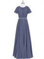 Extravagant Blue Dress for Prom Prom and Party and Military Ball with Beading and Pleated Scoop Short Sleeves Zipper