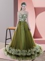 Best Tulle Sweetheart Sleeveless Sweep Train Lace Up Beading and Appliques in Olive Green
