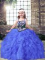 Cute Straps Sleeveless Pageant Gowns For Girls Floor Length Embroidery and Ruffles Blue Tulle