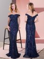 Lovely Ruching Prom Evening Gown Navy Blue Zipper Sleeveless Floor Length