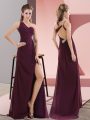 Modern Sleeveless Beading and Lace Backless Prom Gown with Dark Purple Sweep Train