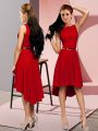 Belt Evening Dress Red Lace Up Sleeveless High Low