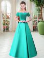Turquoise Satin Lace Up Off The Shoulder Short Sleeves Floor Length Prom Gown Belt