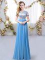 Super Blue Zipper Vestidos de Damas Sequins Short Sleeves Floor Length