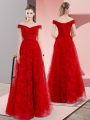 Flare Red Sweetheart Lace Up Beading and Lace Prom Party Dress Sweep Train Sleeveless