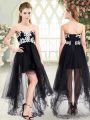 Fancy Black Lace Up Evening Dress Appliques Sleeveless High Low