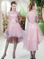 Nice Baby Pink Half Sleeves Tulle Lace Up Prom Evening Gown for Prom and Party and Military Ball