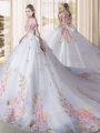 Flare Off The Shoulder Sleeveless Cathedral Train Lace Up Quinceanera Dress White Tulle
