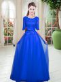 Royal Blue Tulle Lace Up Scoop Half Sleeves Floor Length Evening Dress Lace