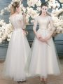 Flare White A-line Lace Prom Dresses Zipper Organza Half Sleeves