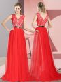Sleeveless Tulle Sweep Train Zipper Prom Evening Gown in Red with Beading and Lace