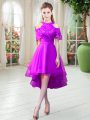 Sweet High Low Purple Prom Dress High-neck Short Sleeves Zipper