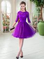 Knee Length Purple Prom Gown Tulle Half Sleeves Lace