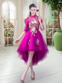 Inexpensive Half Sleeves High Low Appliques Zipper Prom Dress with Fuchsia