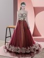 Fitting Sweetheart Sleeveless Sweep Train Lace Up Dress for Prom Red Tulle