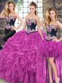 Sleeveless Embroidery and Ruffles Lace Up Quinceanera Dresses with Fuchsia Sweep Train