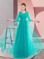 Floor Length Lace Up Prom Evening Gown Turquoise for Prom and Party and Military Ball with Beading