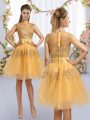 Gold High-neck Zipper Lace and Bowknot Quinceanera Court of Honor Dress Cap Sleeves