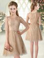 Champagne A-line Tulle Scoop Half Sleeves Sequins Mini Length Zipper Dress for Prom