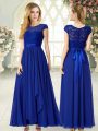 Royal Blue Chiffon Zipper Scoop Cap Sleeves Ankle Length Prom Party Dress Lace