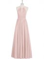Attractive Baby Pink A-line Chiffon Halter Top Sleeveless Ruching Floor Length Zipper Homecoming Dress