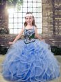High End Light Blue Little Girls Pageant Dress Wholesale Party and Wedding Party with Embroidery and Ruffles Straps Sleeveless Lace Up