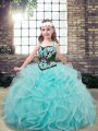 Aqua Blue Sleeveless Embroidery and Ruffles Floor Length Little Girls Pageant Gowns