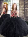 Exquisite Black Tulle Zipper Scoop Sleeveless Floor Length Girls Pageant Dresses Embroidery and Ruffles