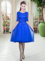 Glorious Royal Blue Empire Scoop Half Sleeves Tulle Knee Length Lace Up Lace