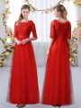 Red Scalloped Neckline Lace Bridesmaids Dress Half Sleeves Zipper