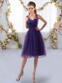 Purple Empire Tulle V-neck Sleeveless Appliques Knee Length Zipper Bridesmaid Dresses