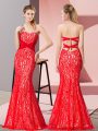 Sleeveless Lace Floor Length Backless Dress for Prom in Red with Beading
