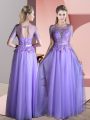 Fashion Floor Length Lavender Prom Evening Gown Tulle Short Sleeves Beading and Lace