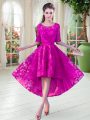 Half Sleeves High Low Zipper Prom Evening Gown in Fuchsia with Lace
