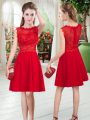 Pretty Knee Length Zipper Prom Gown Red for Prom and Party with Lace